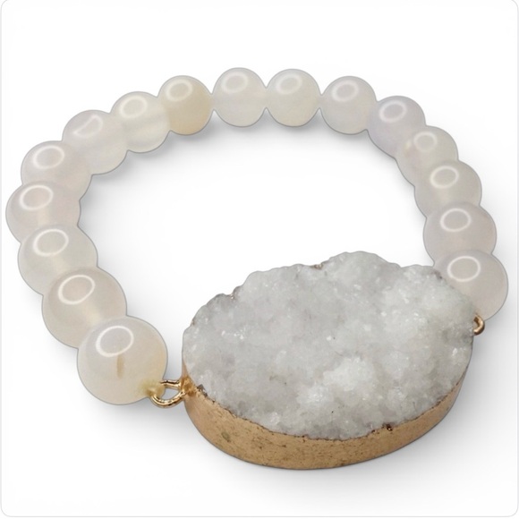 White Onyx & Druzy Quartz Beaded Stretch Bracelet 7", 8mm Natural Stone Beads - Picture 6 of 12